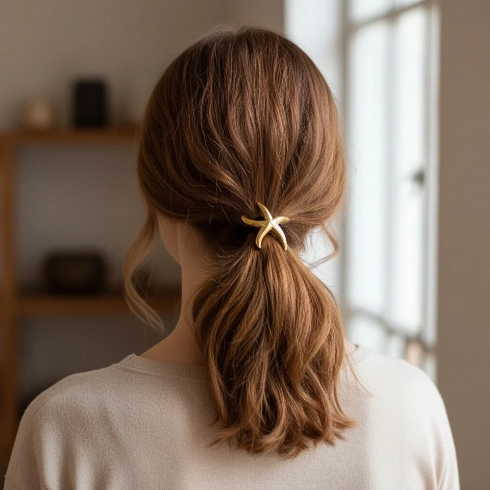 18K Gold Plated Glossy Starfish Ponytail Cuff Sleek Minimalist HairTie Accessory